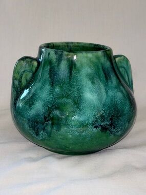Vintage Brush McCoy Art Deco Pottery Vase #716 Ears 1930s Blue Green Onyx Gloss
